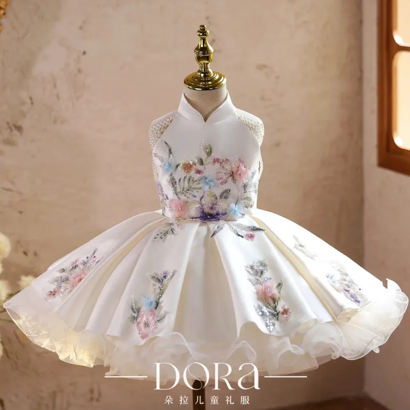 New Girls Princess Dress Embroidery Beaded Flower Kid Pageant Gown Satin Tulle Wedding Birthday Party Costume For 2‑12Y A5099