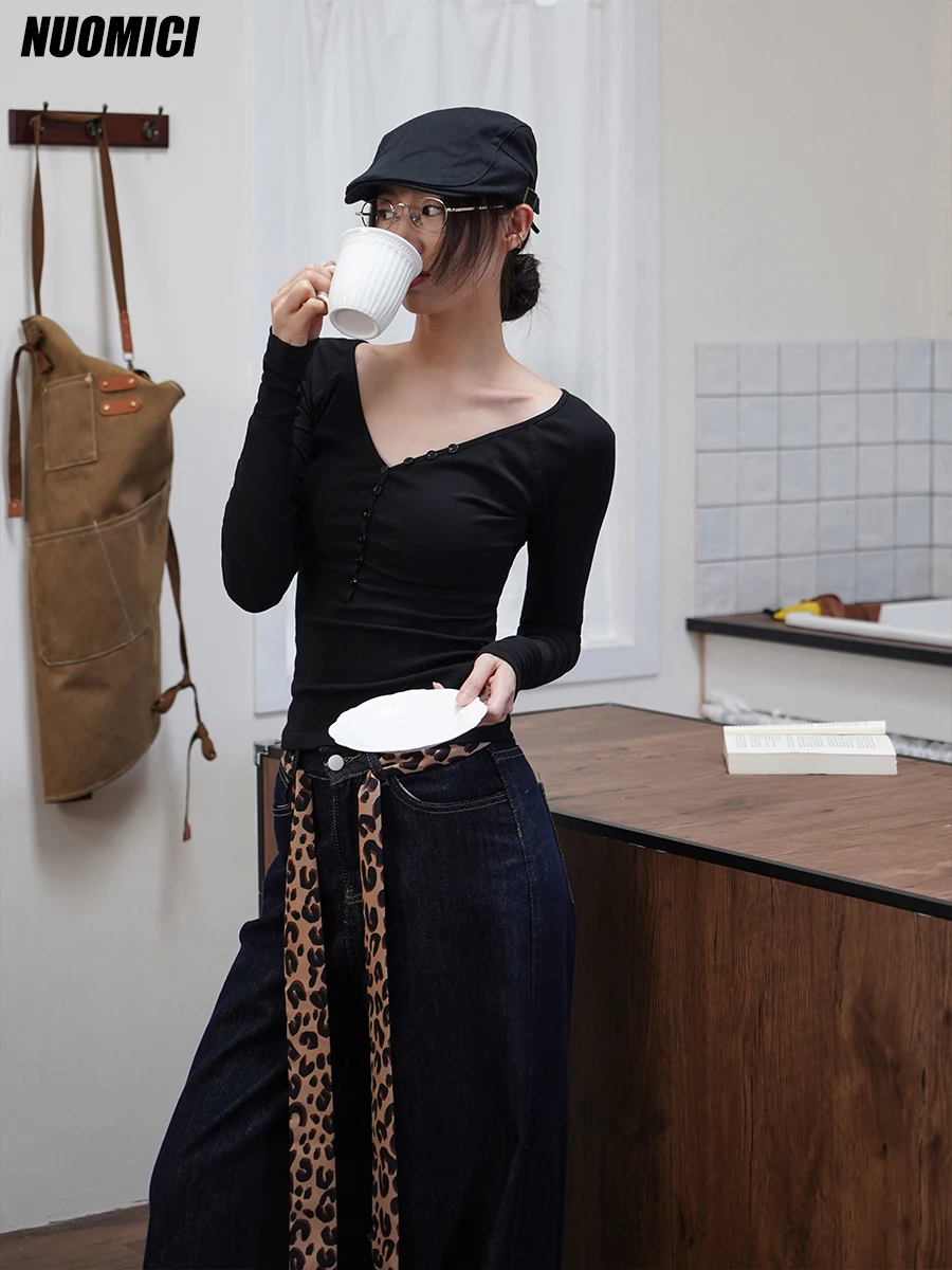 

NUOMICI черная футболка с v-образным вырезом и длинными рукавами, вязаная осенняя женская одежда, тонкая элегантная модная нижняя рубашка, топ, популярный в Корейском стиле
