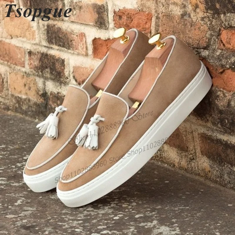 

Apricot Flock Short Tassels Decor Shoes For Men Men's Pumps Slip-On Runway Comfortable Casual Party Shoes 2023 Zapatillas Mujer