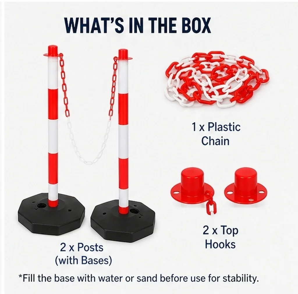 1Set Road Safety Post Plastic Fillable Base Red White Portable Traffic Cone Barrier Parking Driveway Traffic Posts