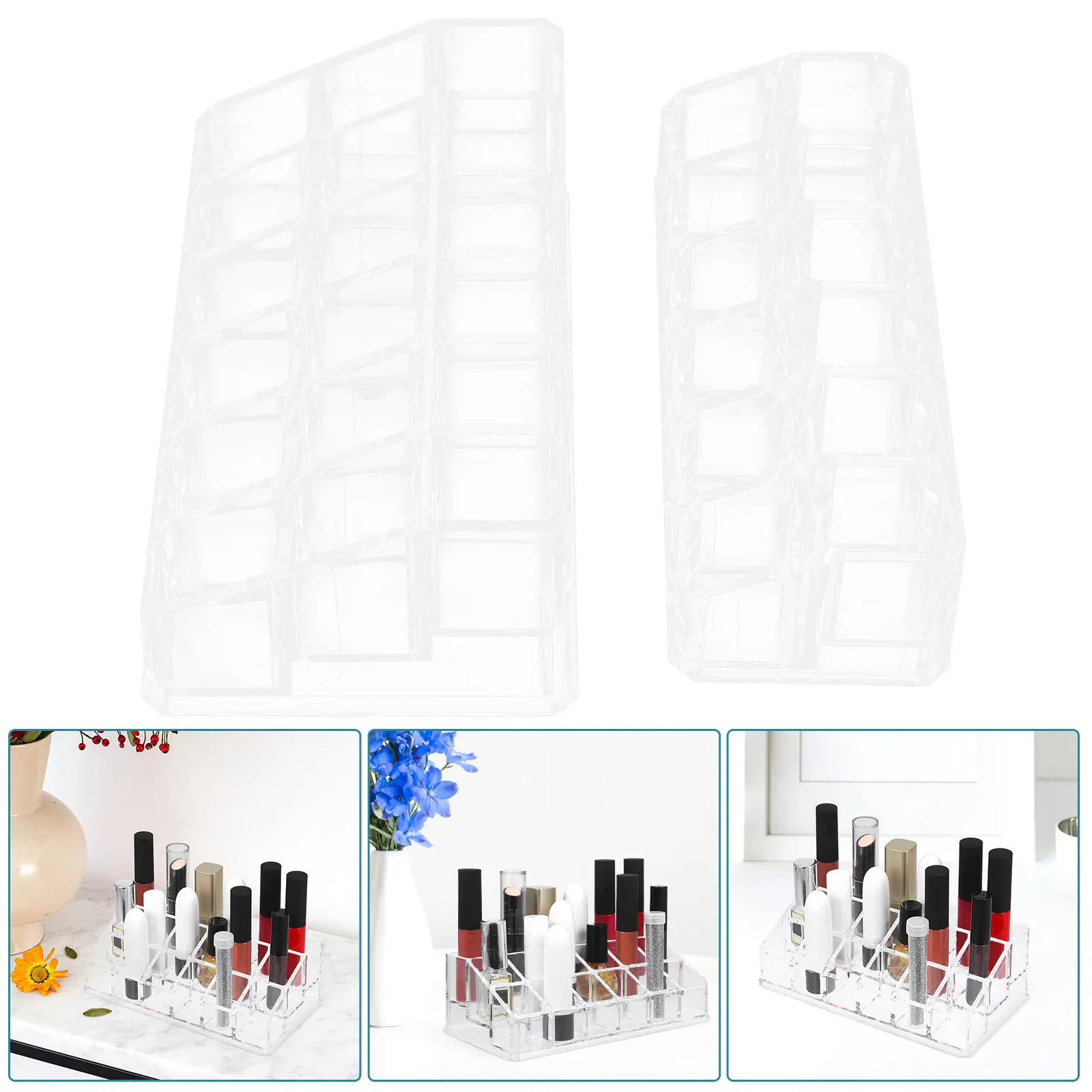 2Pcs Desktop Lipstick Organizer Clear Plastic Storage Rack Holder Makeup Display Stand Large Capacity