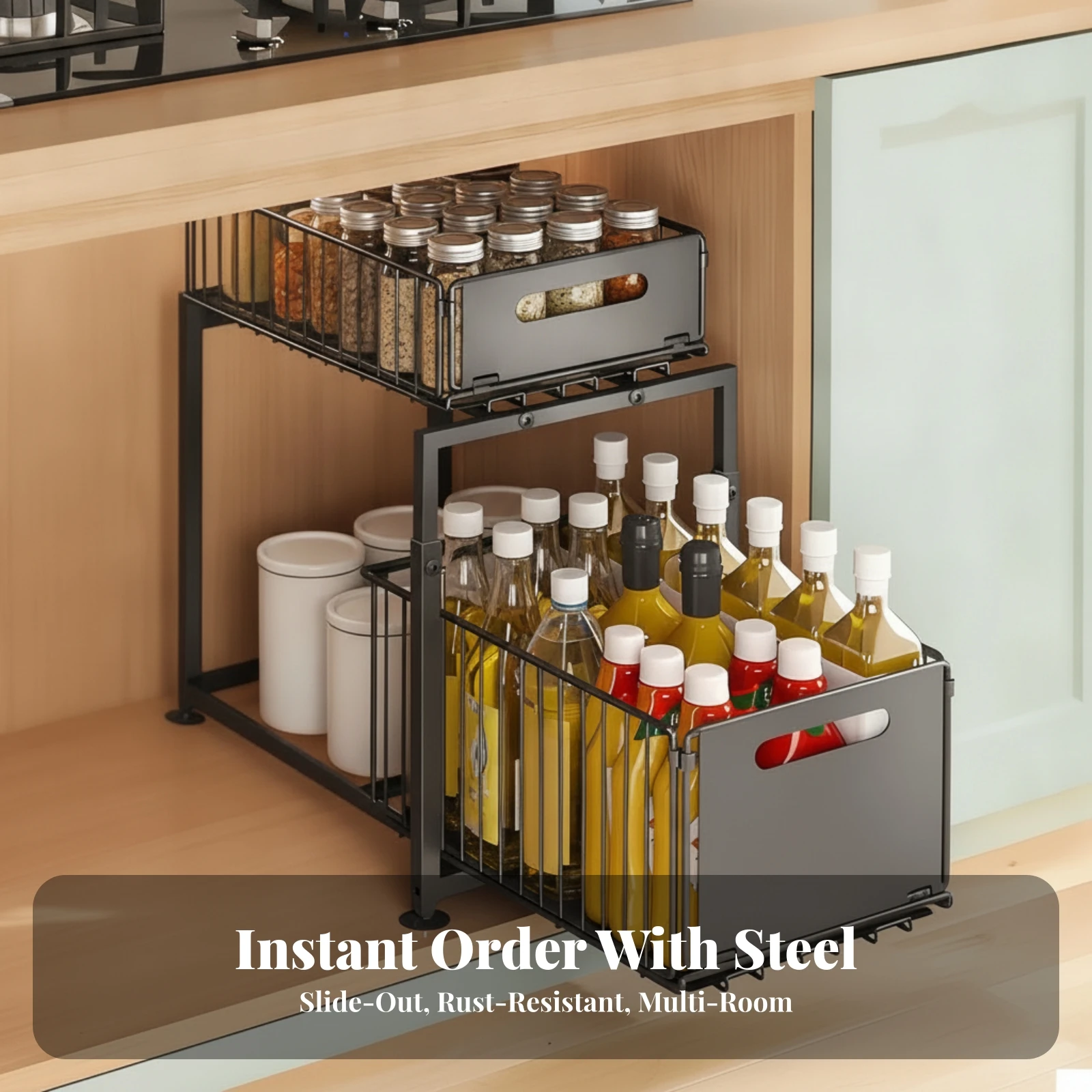 Under-Sink Organizer with Pull-out Baskets Foldable Under-Sink Storage Rack Slide-out Storage Shelf Heavy Duty for Kitchen