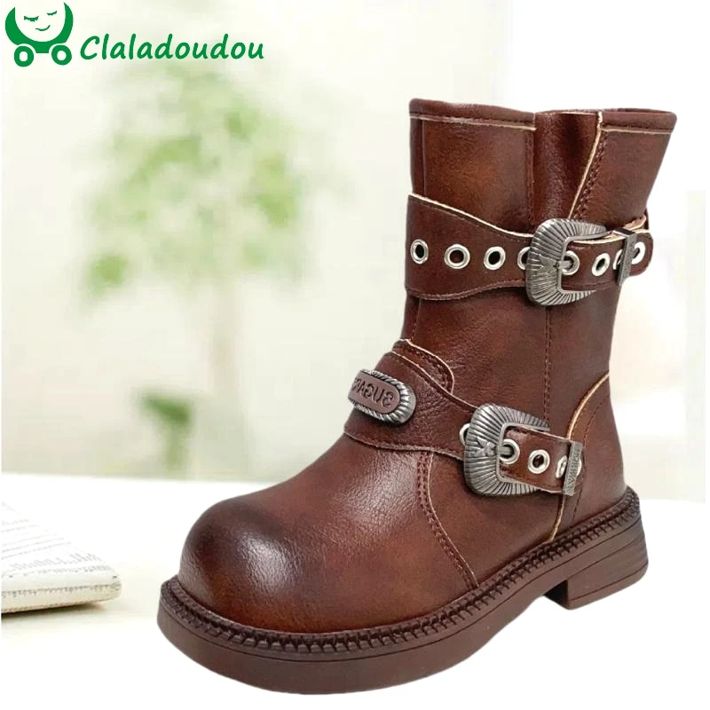 

Size26-35 High Quality Spring Autumn Leather Girls Fashion Boots Fashion Retro Metail Rivets Children's Knight Boots Kids Shoe