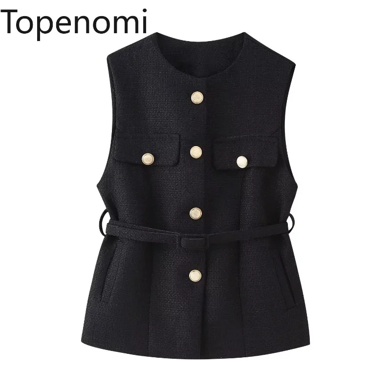 

Topenomi European American Style Women Vest Fashion Versatile Metal Buckle Sleeveless Jackets Elegant Office Lady Waistcoat Tops