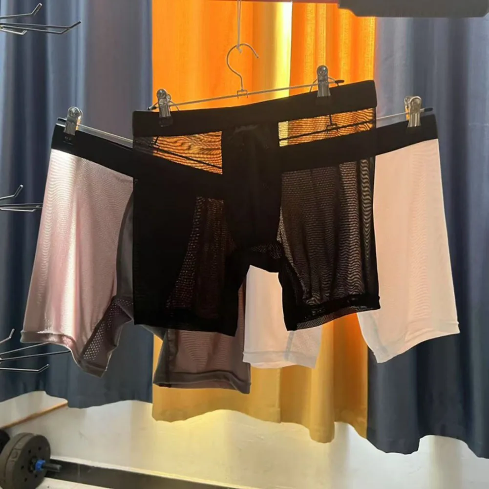 Men Mesh Transparent Long Leg Shorts Bulge Pouch Sexy Lingerie Mid Waist Breathe Boxers Ultra-Thin Trunks Hollow Men's Clothing