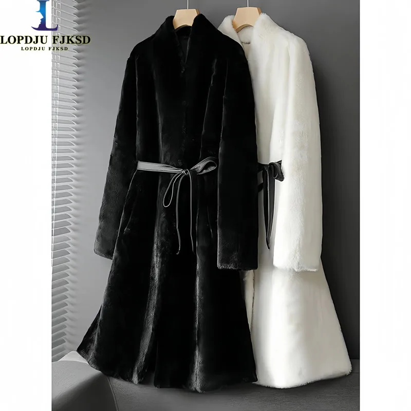 

Faux Mink Fur Coat for Women,Suede Lining Long Jacket, Thick Warm Clothes,Lace-up,V-Neck, High Quality, Autumn and Winter