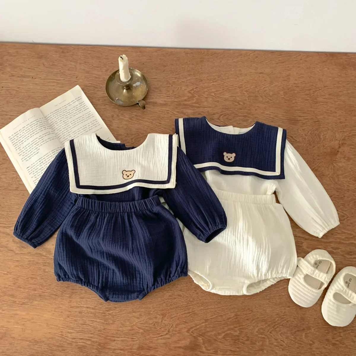 New In Autumn Kids Baby Girls Full Sleeve Naval Leader Bear Top T-shirts+solid Shorts Toddler Infant Cotton Clothing Set 2pcs