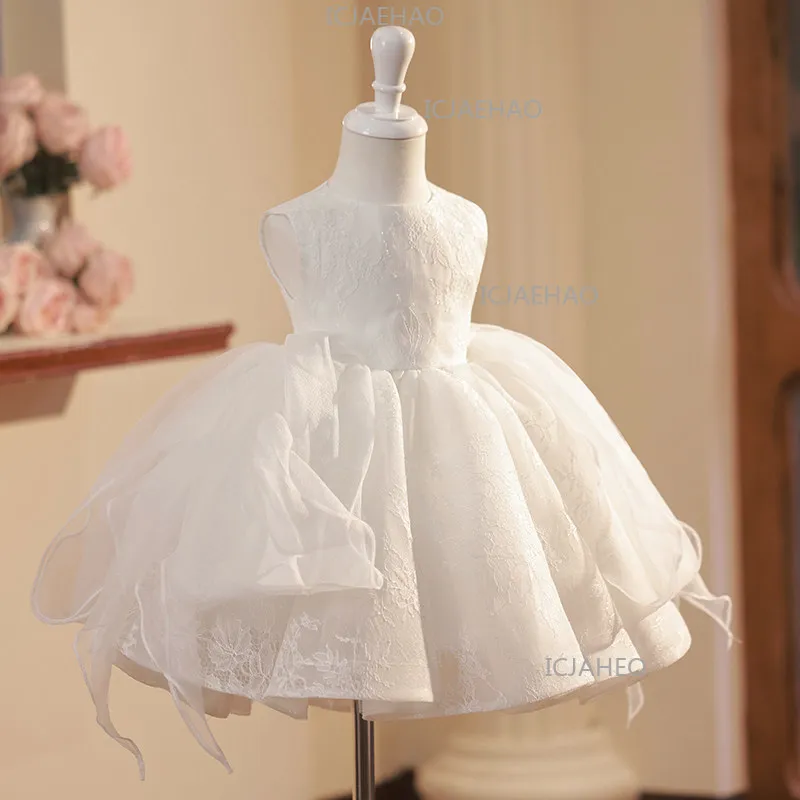 2026 Kids Formal Princess Dress Children White Flower Girl Birthday Little Host Piano Performance Pageant Girls Gown Costume