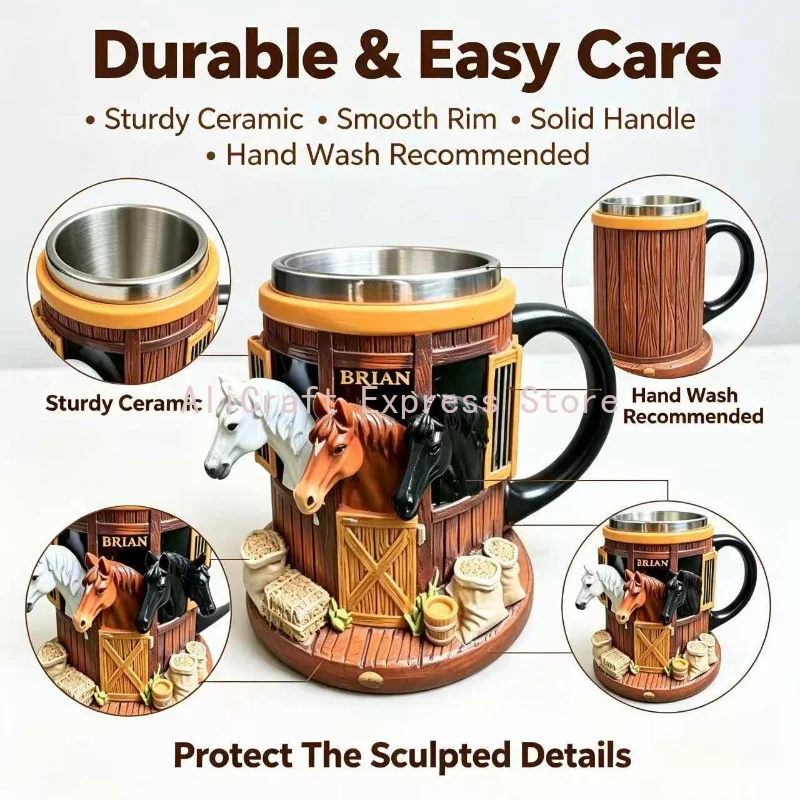 3D Horse Stable Beer Mug Western Farmhouse Style Resin Coffee Cup with Stainless Steel Liner Home Bar Decorative Gift