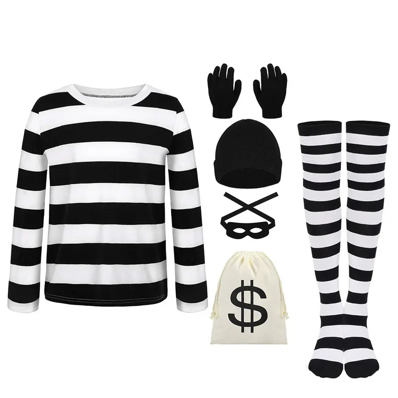 

FC6Halloween Thief Suit Long Sleeve Stripes T-shirt Canvas Bag Gloves Eye Mask Knit Hat Cosplay Costume@FC8！