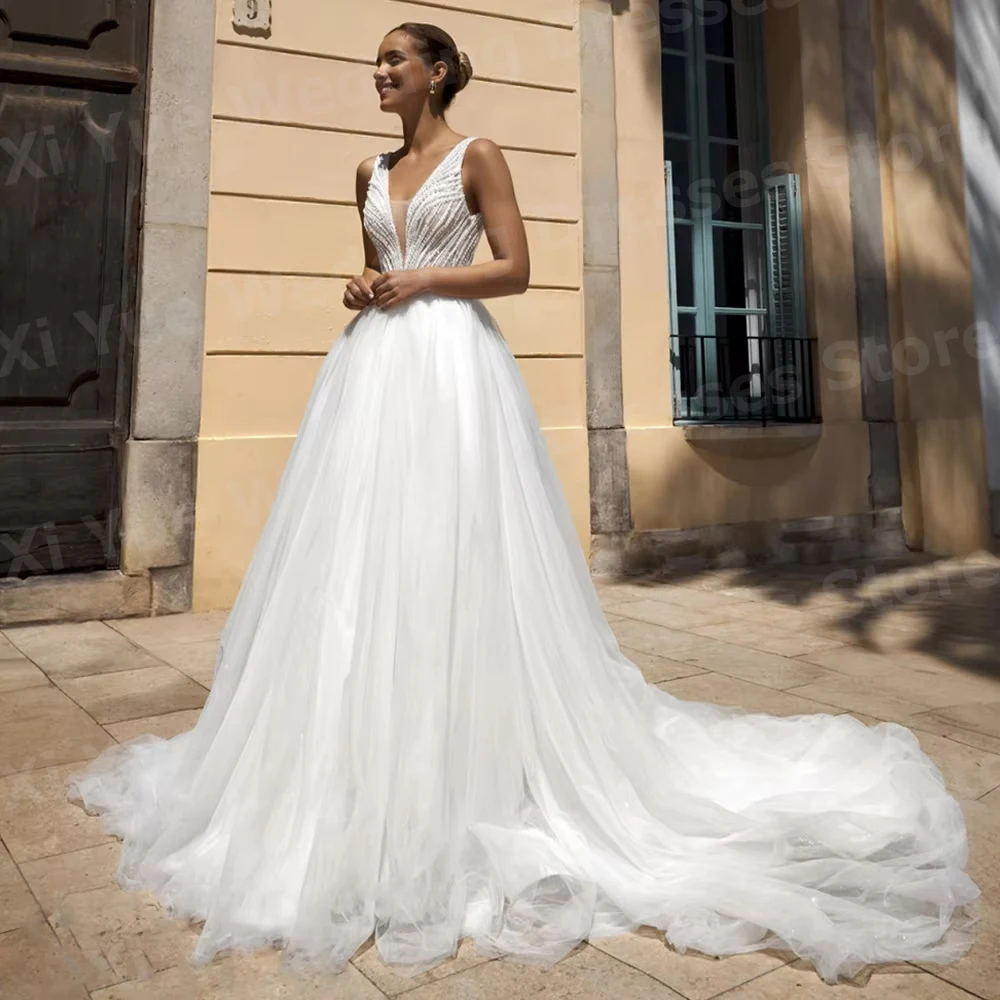 2026 魅力的なAライン女性用Vネックノースリーブウェディングドレス、パール付きブライダルガウン、カスタムメイドのローブ・ド・マリエ