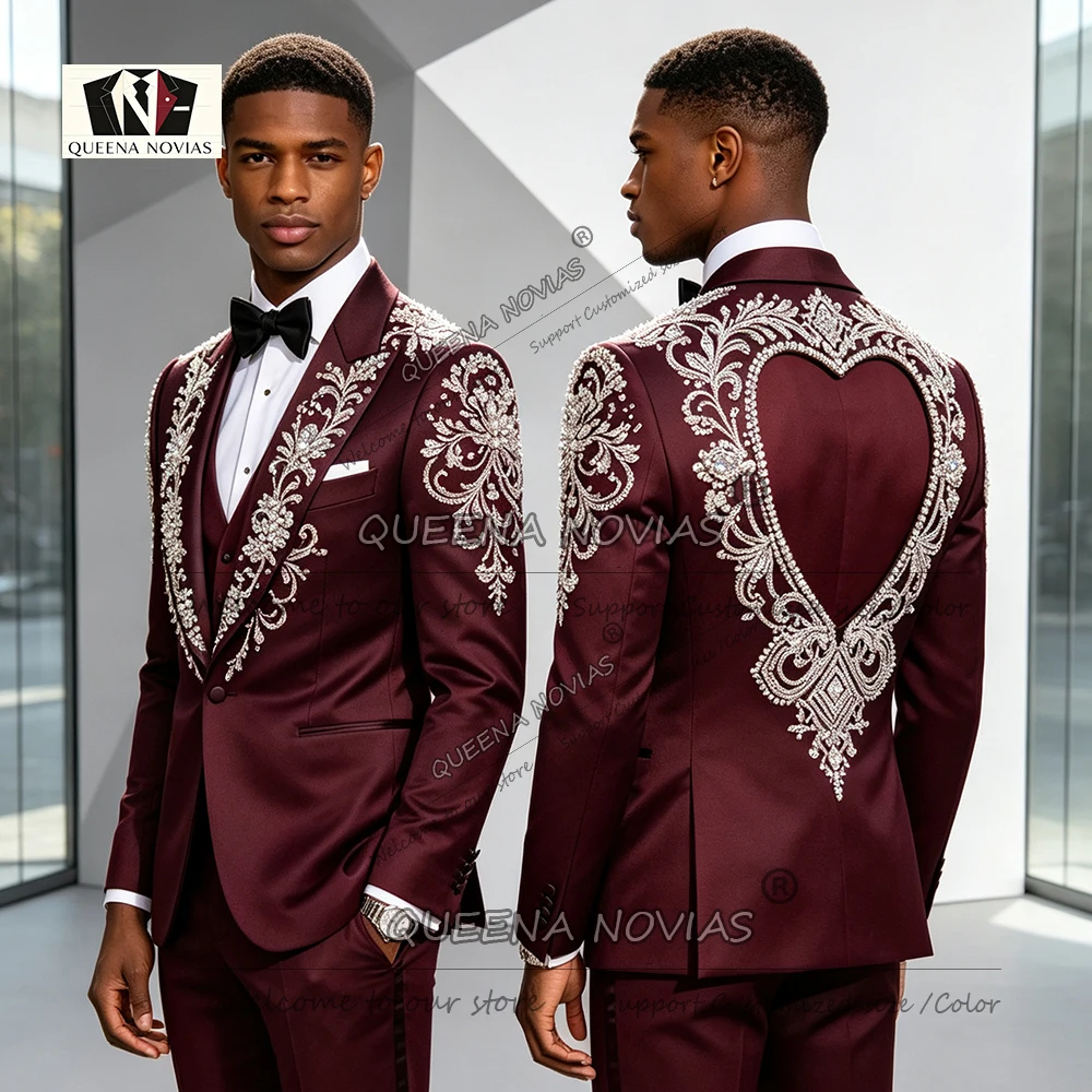 Exclusive Beadwork Sequin Groom Wedding Tuxedo Customized 3 Piece Sets Slim Fit Men's Suit Male Outfit Smokings De Hombre Lujo