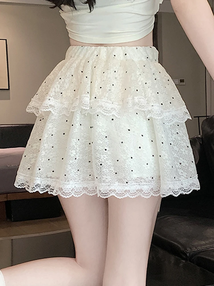 Sweet Exquisite Polka Dot Lace Skirt Girl 2024 Fashion Tie Up Cake Short Skirt Elastic Waist Slim Fit Slimming  Women's Clothing