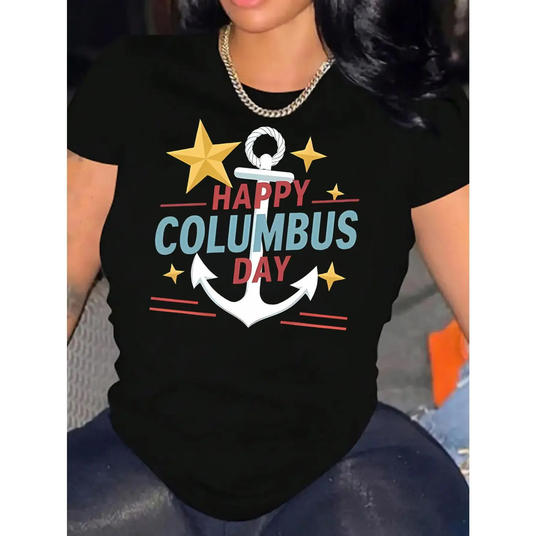 

Women's Crew Neck Columbus Day T-Shirt Cute Anchor Star Graphic Tee Top Casual Harajuku Streetwear Fashion Shirt