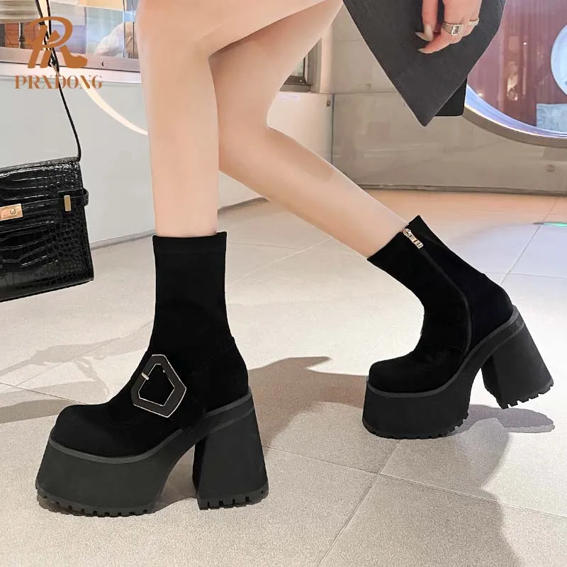 PRXDONG Neue Sexy High Heels Dicke plattform Punk Schwarze Schuhe Frauen Stiefeletten Mode Herbst Winter Kleid Party Dame Schuhe 34-39