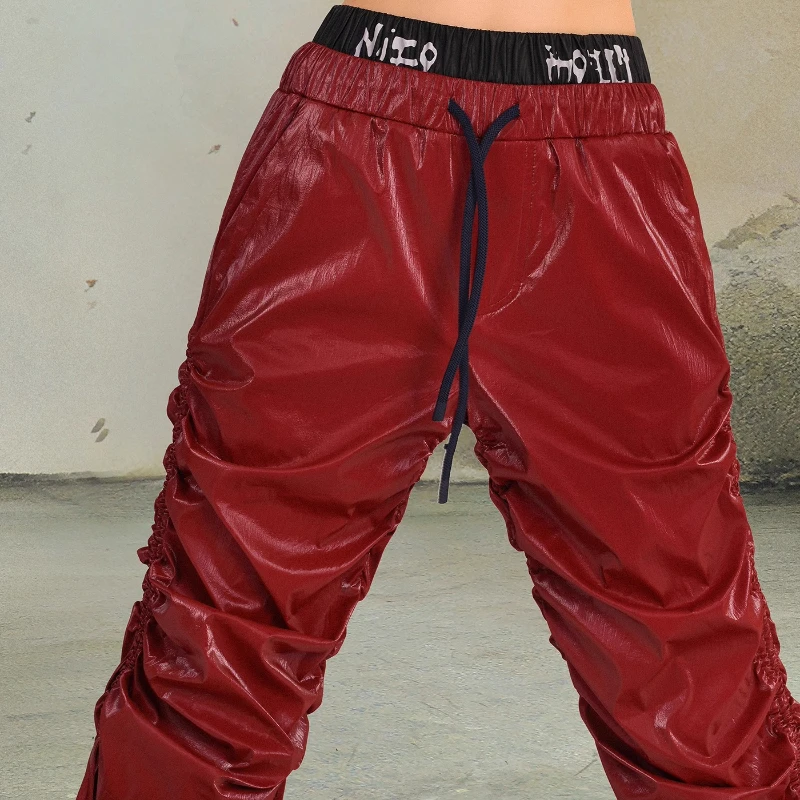 Original Design American Pleated Drawstring Red Women's Leather Pants Autumn New Sweet Cool Sexy Hot Girl Trousers Ladies Ladies