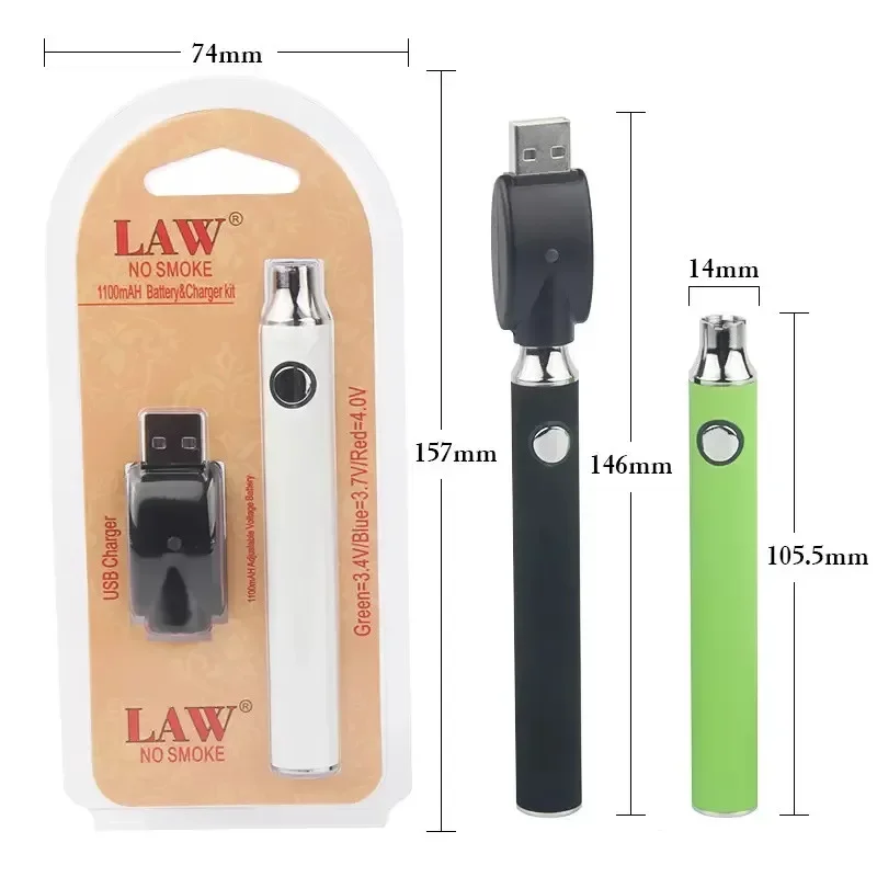 10pcs Law Preheat Vape Battery USB Charger Kits 1100mah Variable Voltage Vaporizer Pen for CE3 TH205 Thick Oil Cartridges Carts