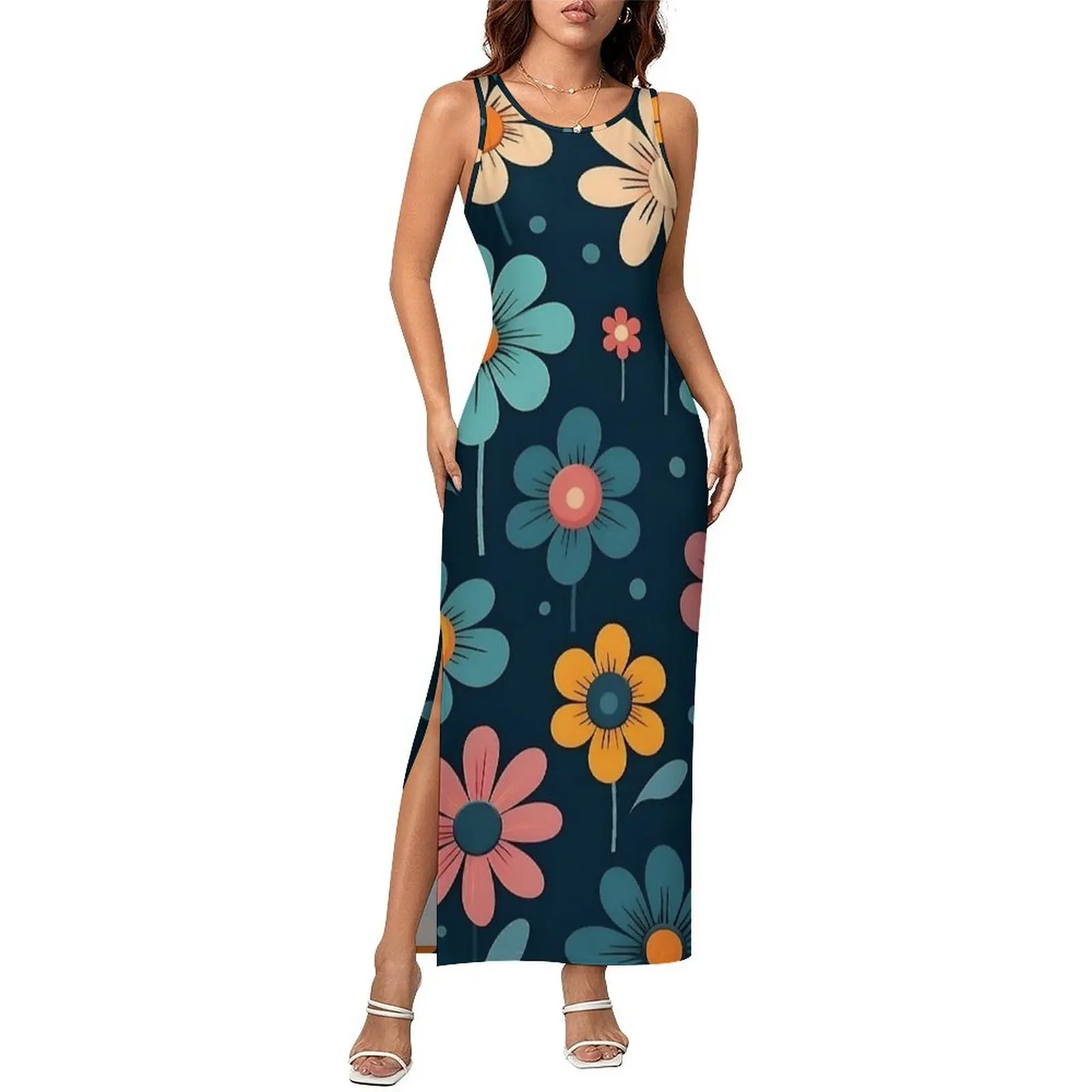 Retro Colorful Floral Print Dress Sleeveless  Street Wear Maxi Dresses Elegant Bodycon Dress Women Pattern Oversize Vestido
