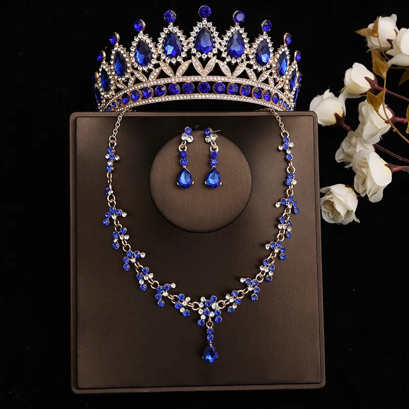 DIEZI Baroque Bridal Rhinestone Crown Tiaras For Women Wedding Princess Queen Blue Crystal Tiaras Necklace Earrings Jewelry Sets