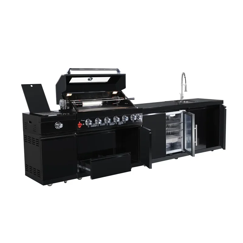 Black Stainless Steel Outdoor Kitchen Set with Lar Pizza Oven and Refrirator Powder Coated for BBQ Grills