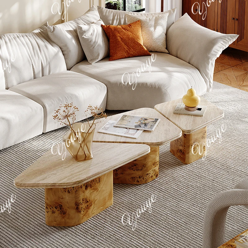 

Журнальный столик из натурального травертина в стиле ретро, гостиная, дом, мраморный дизайнер, креативная комбинация каменного стола высокого класса