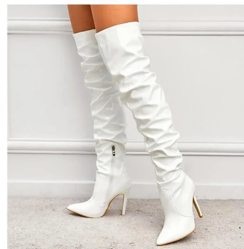 2023 Over-the-knee Boots Women Fashion Pointed Toe Black Side Zipper Thin High Heels Female Shiny Pleated High Heel Botas