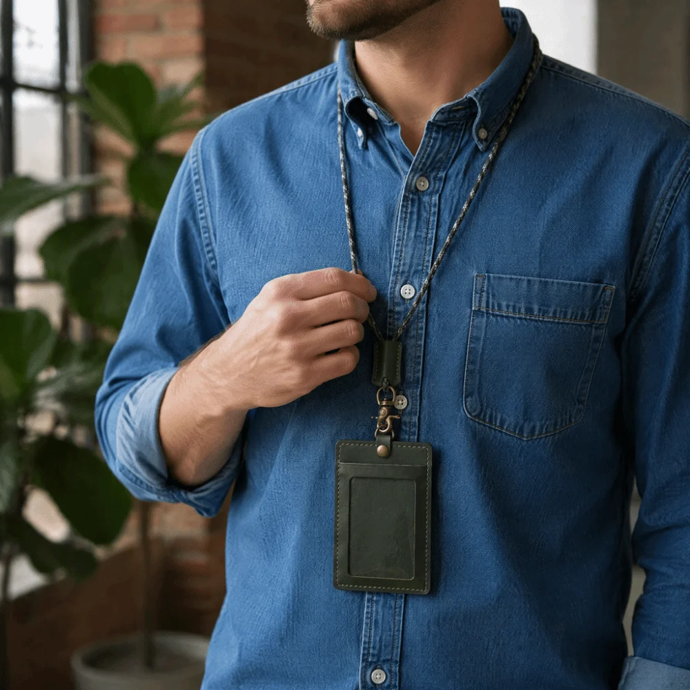 Vintage Waxed Leather ID Badge Holder Premium Leather Distressed Leather Work ID Card Cover Snug Fit Protective Sleeve