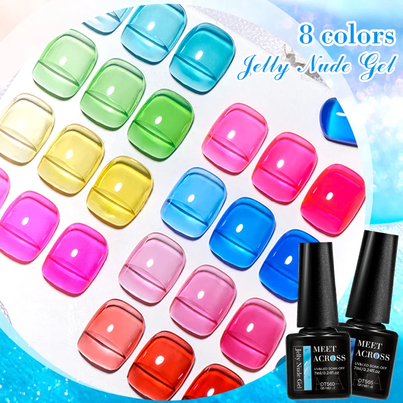 MEET ACROSS 7ml Jelly Glass Gel Nail Polish Summer Cool Semi-transparent Sea Blue Gel Polish Rainbow Nail Art UV Gel Varnish