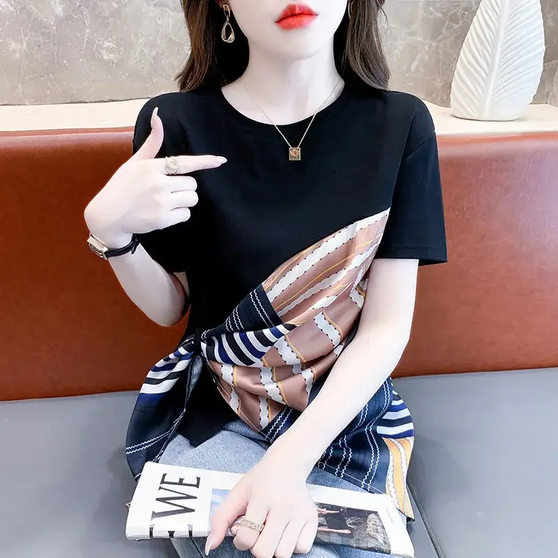 

Casual Fashion Solid Color Patchwork T-shirt for Female Summer New Women's Clothing Temperament All-match Short Sleeve Tops J145