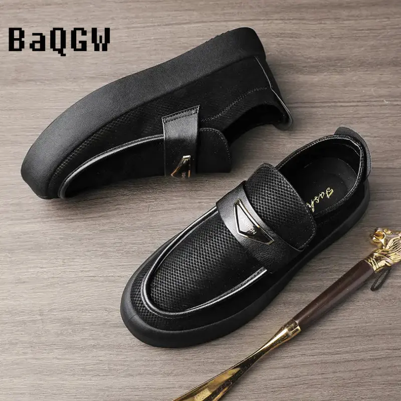 British Style Mens Fashion Leather Casual Shoes Spring Autumn Outdoor Office Slip-On Luxury Loafers Flat Skate Shoes Comfortable