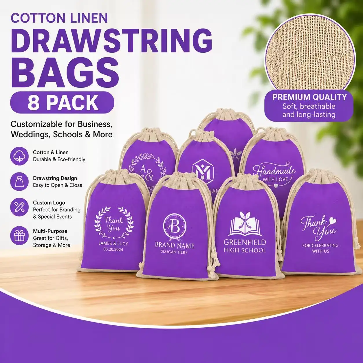 8pc ustomized Logo Small Linen Cotton Pouch Drawstring Gift Packaging Bag Eco Friendly Mini Jewelry Cosmetic Storage Bag