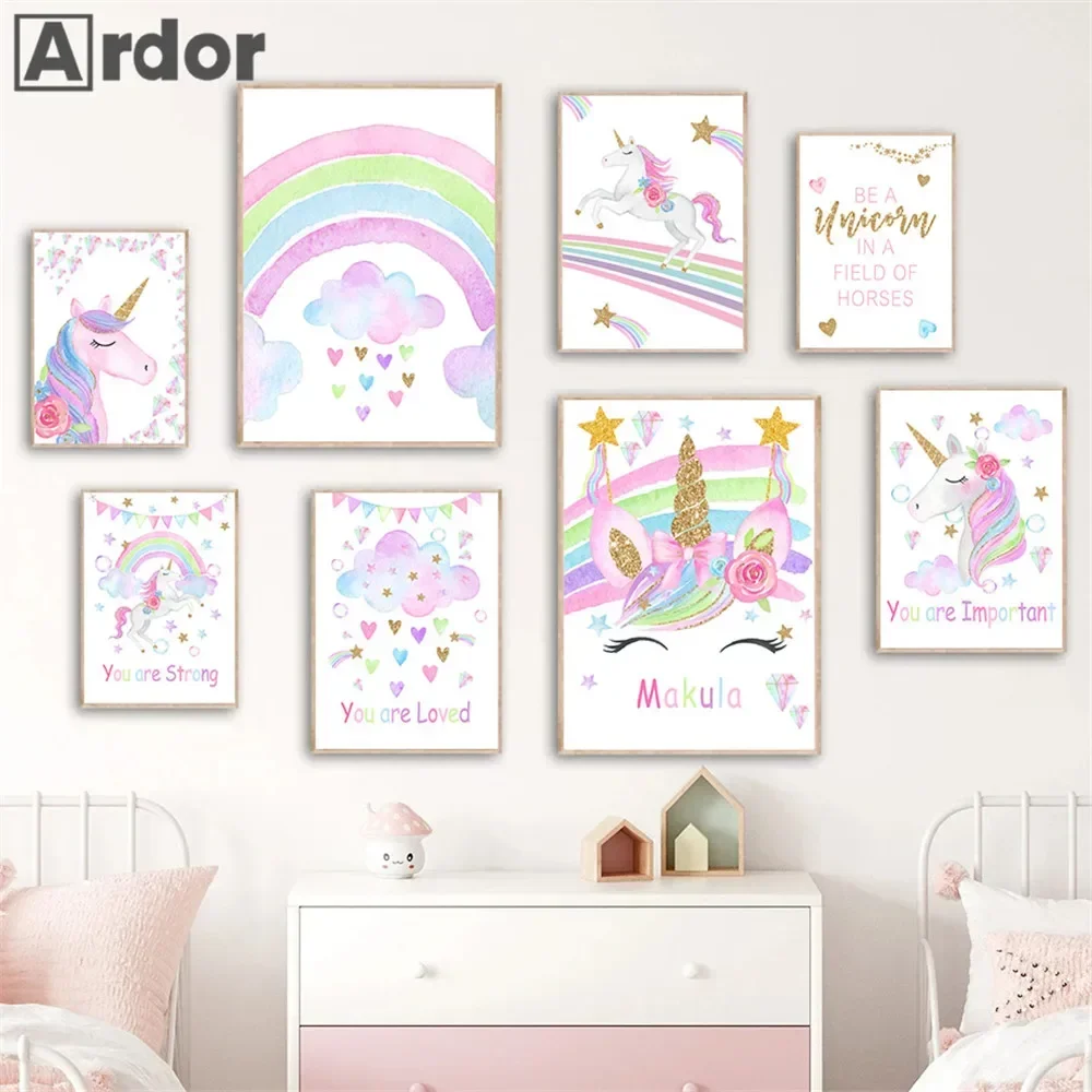 

Cartoon Star Cloud Rainbow Unicorn Poster Custom Name Wall Art Canvas Painting Nursery Print Wall Pictures Baby Girls Room Decor