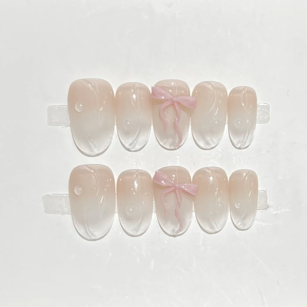 10 Stück Französische Mandel handgemachte Nägel zum Aufdrücken, 3D-Rosa-Schleife, künstliche Nägel, künstliche Nägel, kurze künstliche Nägel, 1961 Opna Mohamed Uñas Diego