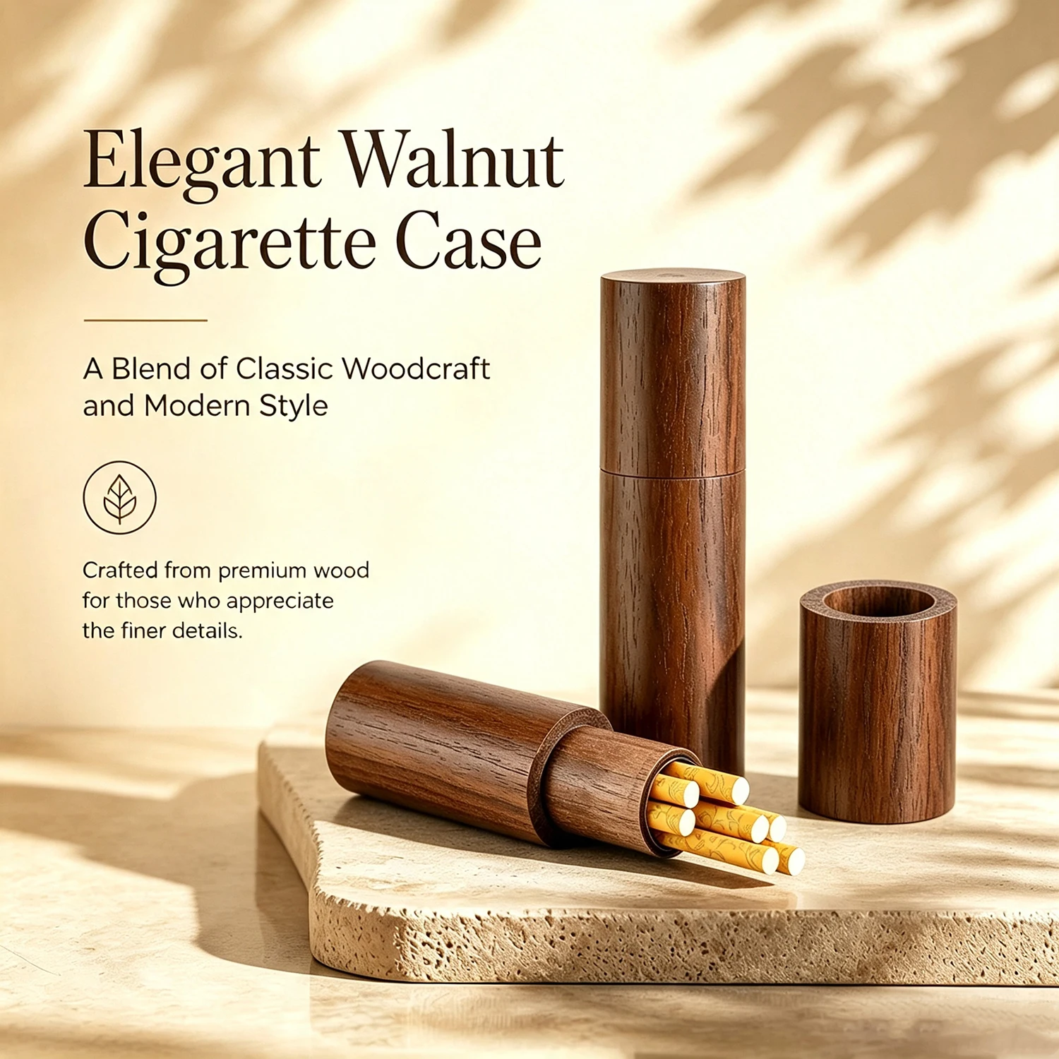 Portable Cigarette Case Round Walnut Cigarette Storage Container for Regulars/Medium/Slims Cigarettes Tobacco Accessories