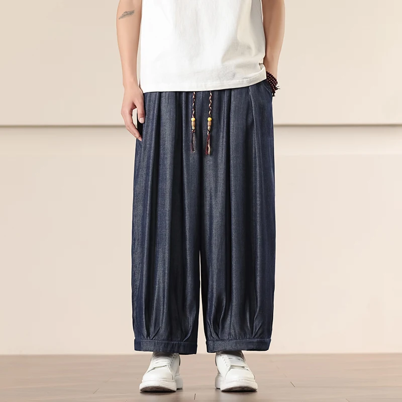 กางเกงขายาวทรงหลวมสไตล์จีนสำหรับผู้ชายปี 2025 กางเกงฮาเร็มลำลอง 9 ส่วน สไตล์ฮิปฮอป