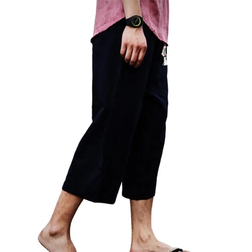 2024 Men Cotton Linen Baggy Wide Leg Pants Men Hanging Crotch Hip Hop Bloomers Pants Men\'s Calf-Length Pants Trousers