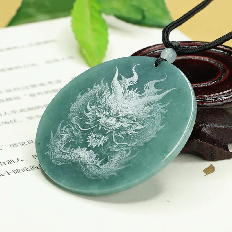 Natural jadeite zodiac dragon pendant blue water dragon brand jade shadow carving pendant