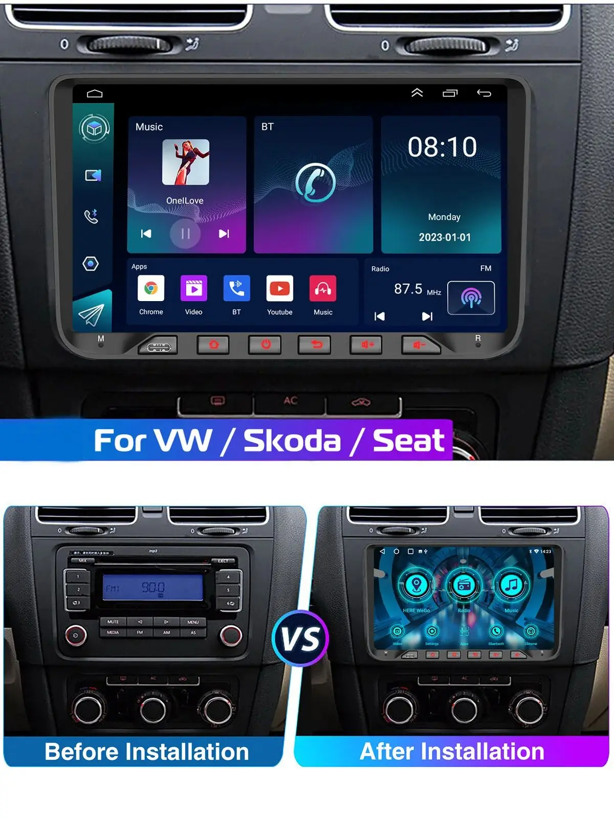 ESSGOO 9 inch Android 15 64GB autoradio voor VW Golf MK5 6 Passat Polo Touran Caddy EOS Jetta Seat Skoda met draadloze Carplay GPS navigatie BT - afbeelding 2