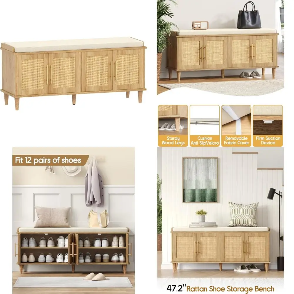 

Rattan Shoe Storage Bench with Cushion and Wooden Entryway Cabinet, 15 Deep x 47.2 Wide x 20 High