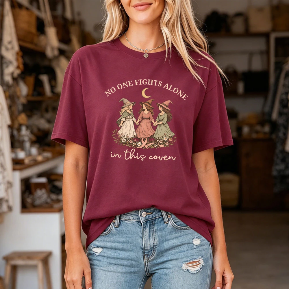 NO ONE FIGHTS ALONE in This Coven Witch Pink Ribbon Graphic Women Short Sleeve TShirt Autumn Halloween Casual Tee Women Clothing