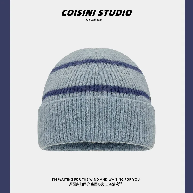Japanische Retro-Trendmütze mit Streifenmuster, Strickmütze für Herbst und Winter, Outdoor-Wärmemütze mit Ohrenschutz, lässige Beanie-Mütze für Damen – Detail 2