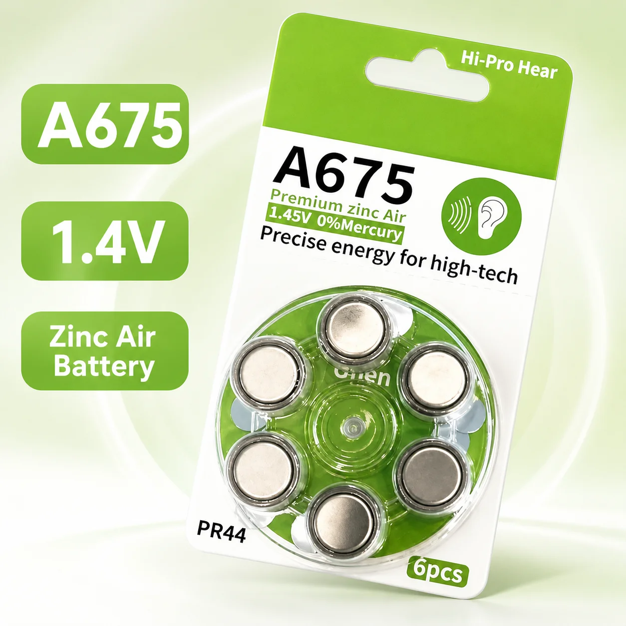Zinc Air Hearing Aid Battery A675 PR44 A312 PR41 A13 A10 6 Pack Replacement Button Cell For Hearing Aid Devices