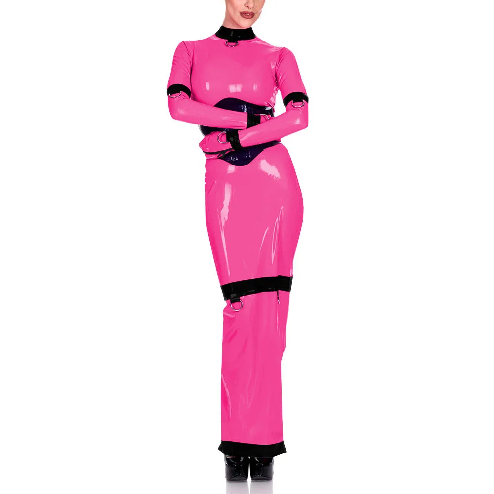 

Sissy Exotic Bandage Maxi Dress with Ring Full Sleeve Mock Neck Wet PVC Leather Bodycon Long Robe Arm Wrapped Sexy Fetish Dress