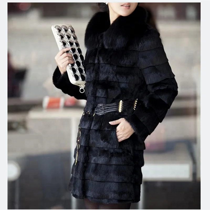 Real natural genuine full pelt rabbit fur coat with fox fur collar women long fashion whole skin fur Stripe jacket waistcoats