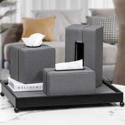 Leather Tissue Box Imitation Leather Tray Decorate Nordic Style Weave Pattern Extractable Tissue Box Household Storage Supplies