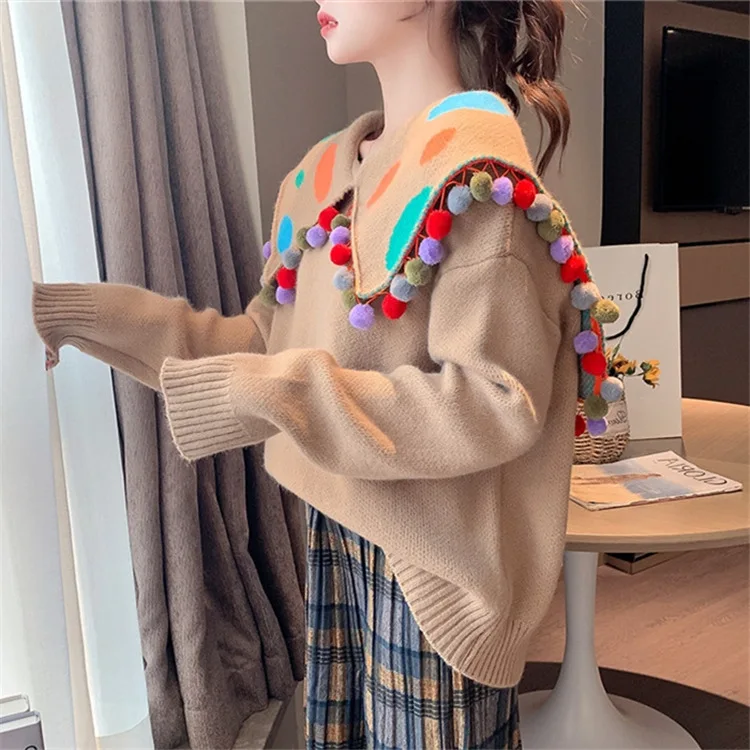 Sweet Cute Lapel Sweater Pullovers Women Turn Down Collar Ball Tassel Knitted Jumpers Grey Chic Navy Style Jumpers 2023 Winter