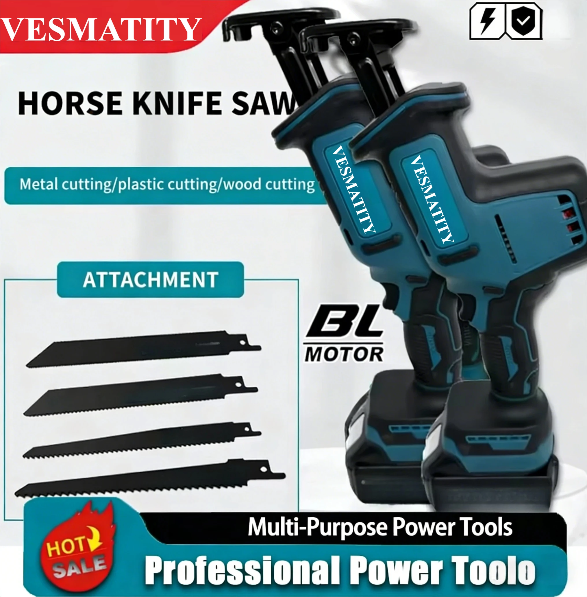 Cordless  Reciprocating Saw, Speed Adjustable 3000 SPM 32mm Stroke for Metal Wood Cutting Power Tool for 18V-20V battery