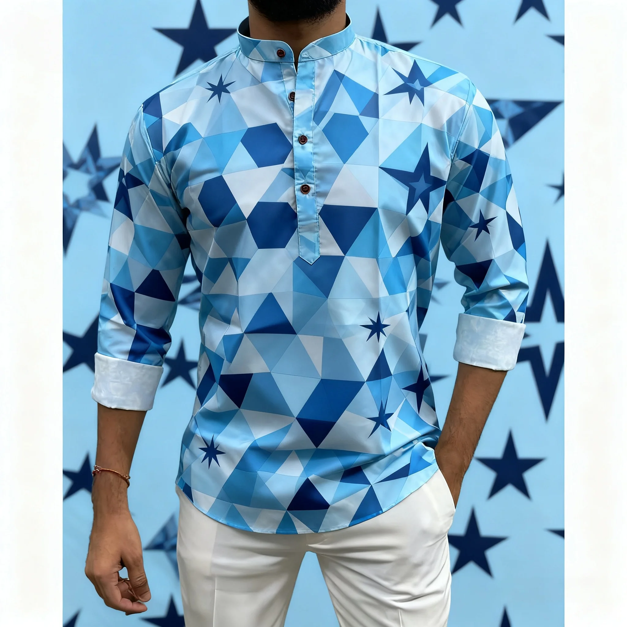 عباية عربية إسلامية فاخرة غير رسمية لعام 2026 على الطراز الوطني مطبوعة عرقية وياقة واقفة قميص شبابي بأكمام طويلة Camisa Arabe Hombre