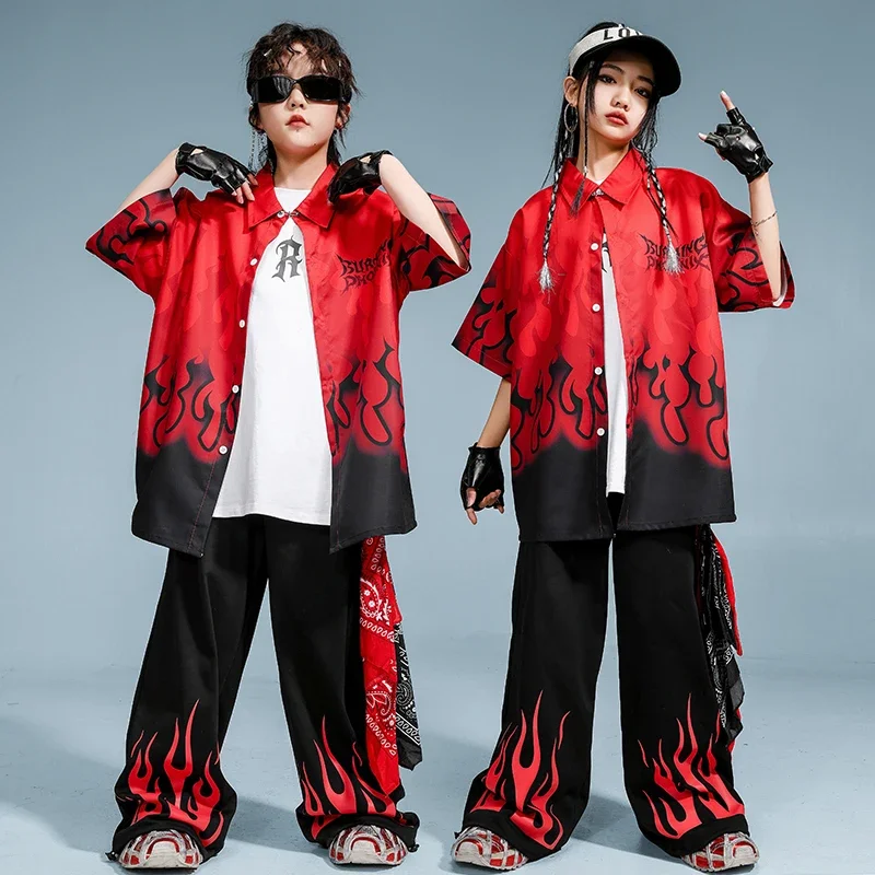Hip Hop Outfit Jungen Flamme Shirt Street Dance Jogger Hosen Mädchen Feuer Bluse Kinder K-pop Streetwear Kinder Kostüme Kleidung set