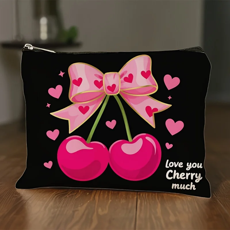 

A Cute Cherry Bow Cosmetic Bag- Multifunctional Zipper Pouch, Jewelry Storage Bag, Perfect Travel Zipper Small Storage Bag.